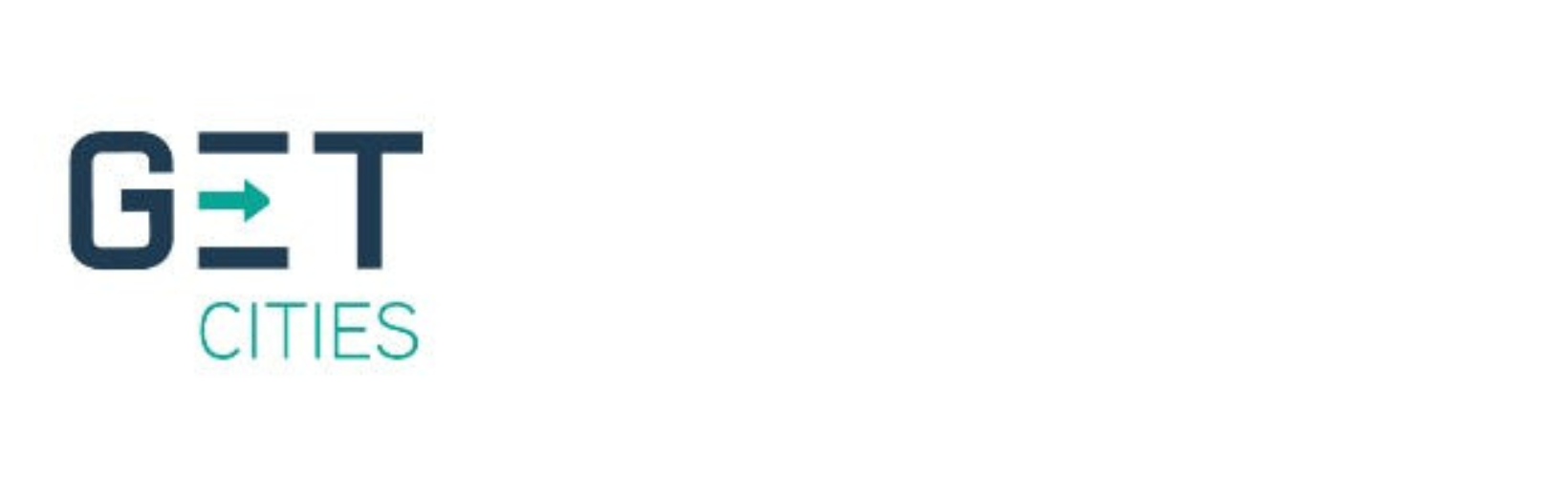 Logo for 'GET CITIES' is in bold, navy letters. An arrow replaces the horizontal line in the 'E.' The word 'CITIES' is in teal. HR Geckos exhibit during the 2022 Innovators Bash event in D.C.