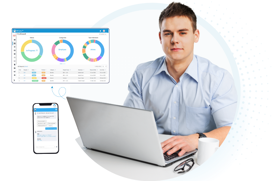 A man in a blue shirt sits at a desk with a laptop, glasses, and a mug with a pop up of a dashboard for HR helpdesk tickets, with donuts displaying analytics of the ticketing system, and a nearby smartphone displays a chat screen, and prompts for employee queries.