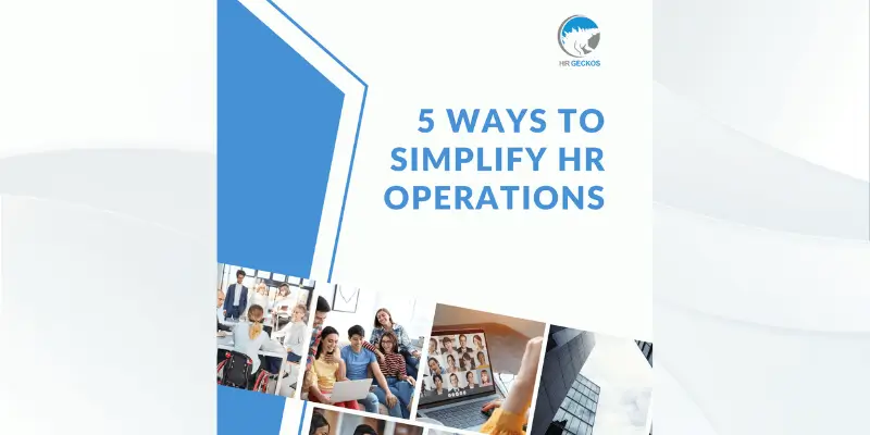 Cover image with the title '5 Ways to Simplify HR Operations' in blue text. Features a collage of images showing diverse office teamwork and digital meetings.