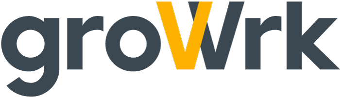 Logo of 'groWrk' in dark gray text with a yellow 'V' in the center, creating a vibrant contrast, partner of HR&nbsp;Geckos.