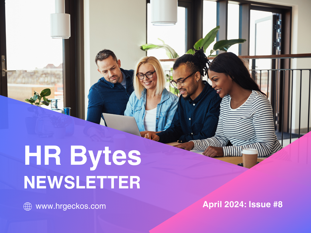 Four people sit together at a table, smiling and looking at a laptop. 'HR Bytes Newsletter' text overlays. The atmosphere is collaborative and friendly.