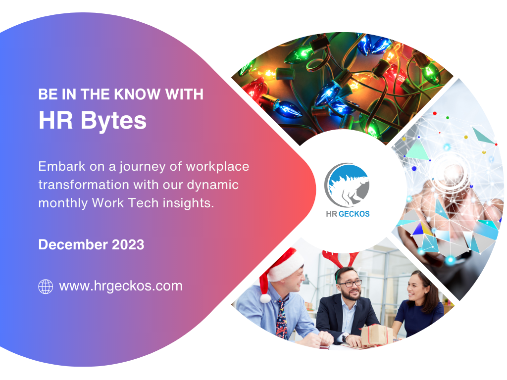 HR Bytes December 2023 newsletter cover with festive lights, futuristic tech, and smiling office colleagues surrounding the HR Geckos logo and a weblink to www.hrgeckos.com.