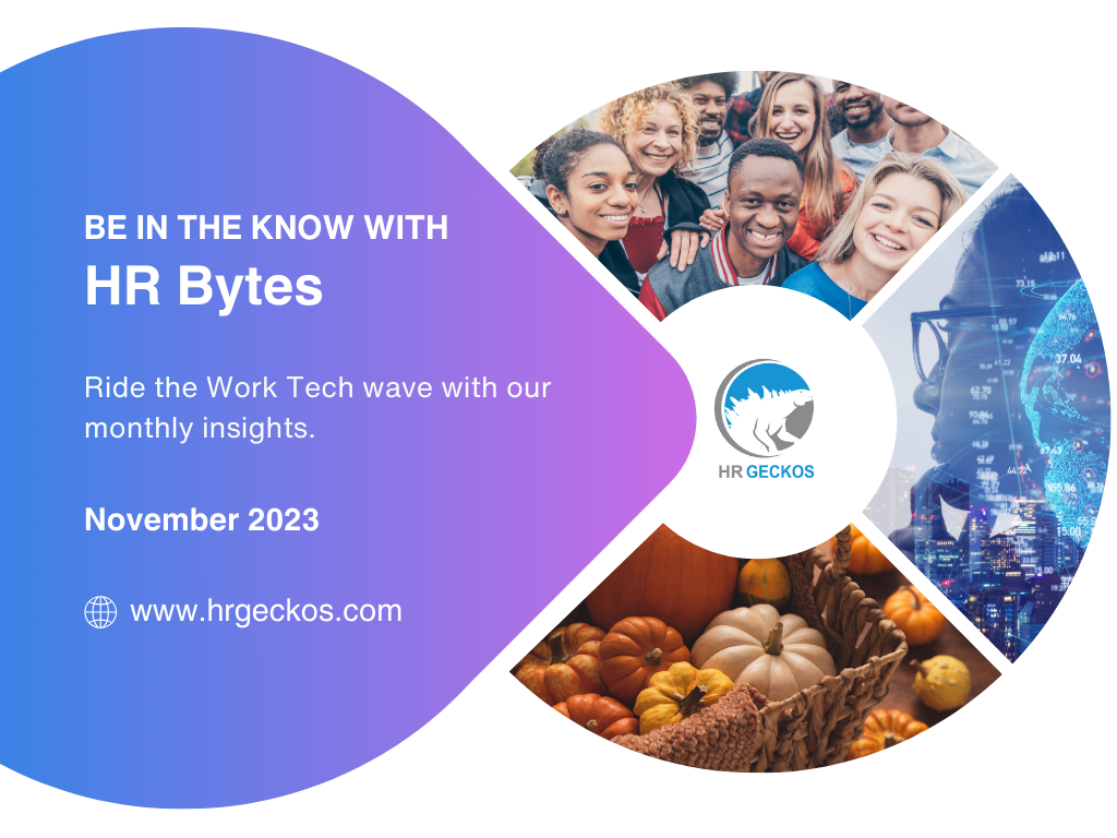 HR Bytes newsletter cover with smiling diverse people, digital tech network, and a basket of pumpkins with the text 'Be in the know with HR Bytes. November 2023.' on a blue-purple gradient background and weblink to www.hrgeckos.com.