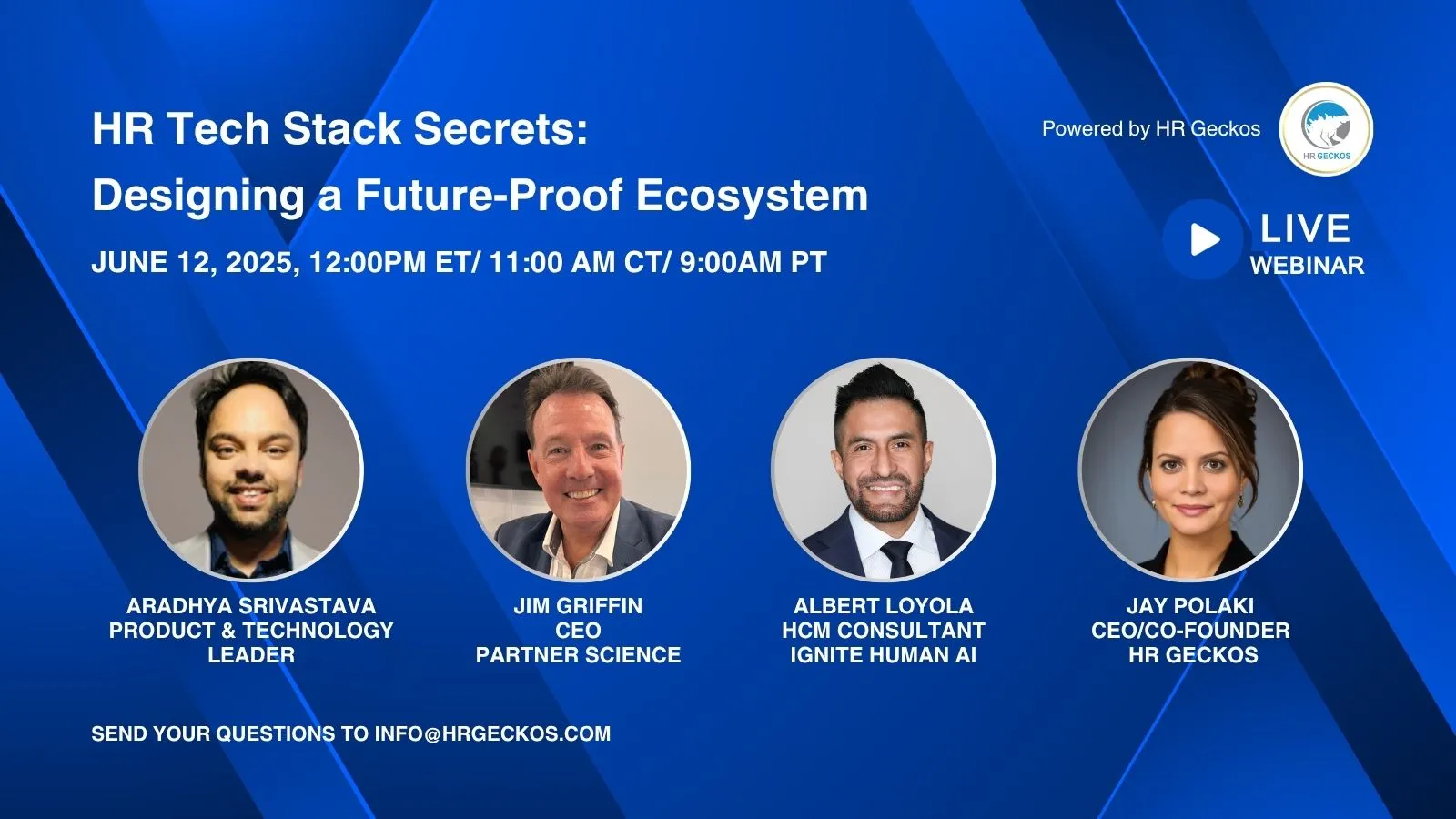 Cover image with the title 'HR Tech Stack Secrets:Designing a Future-Proof Ecosystem' in blue text. Features a collage of images showing diverse office teamwork and digital meetings.